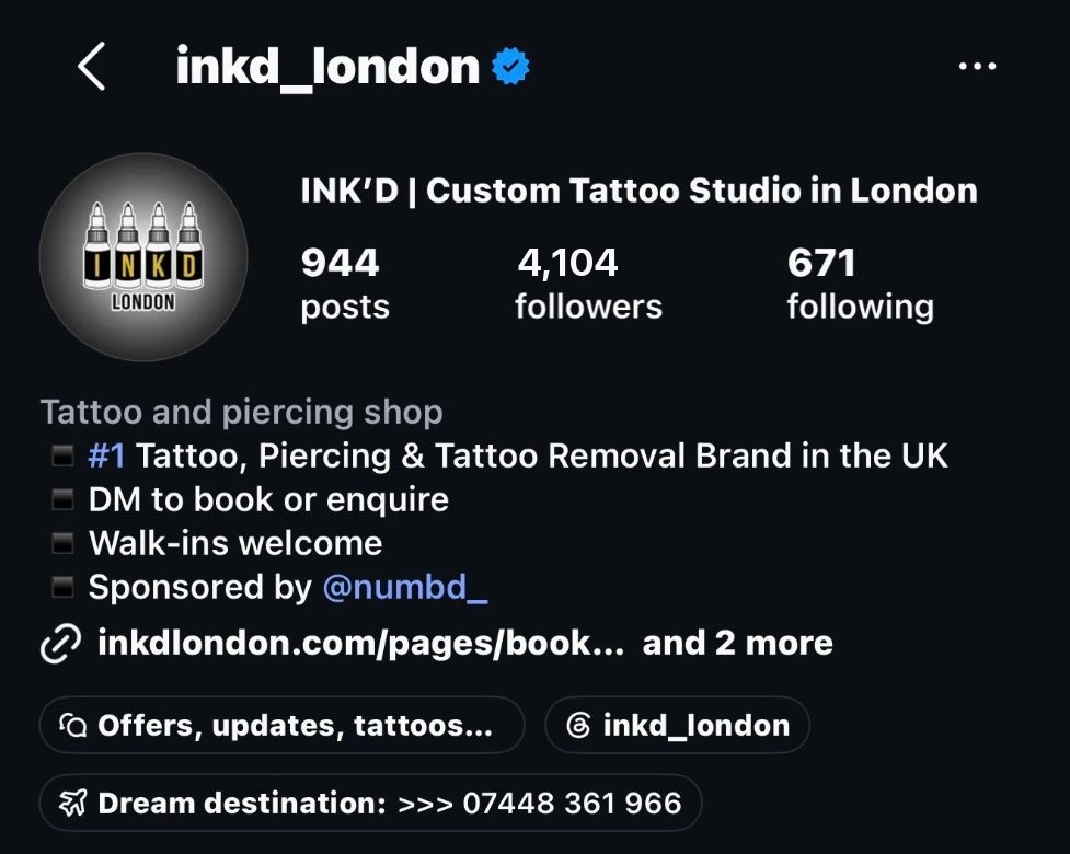 Recreation of INK'D London's Instagram profile with 4,104 followers, 18 months ago