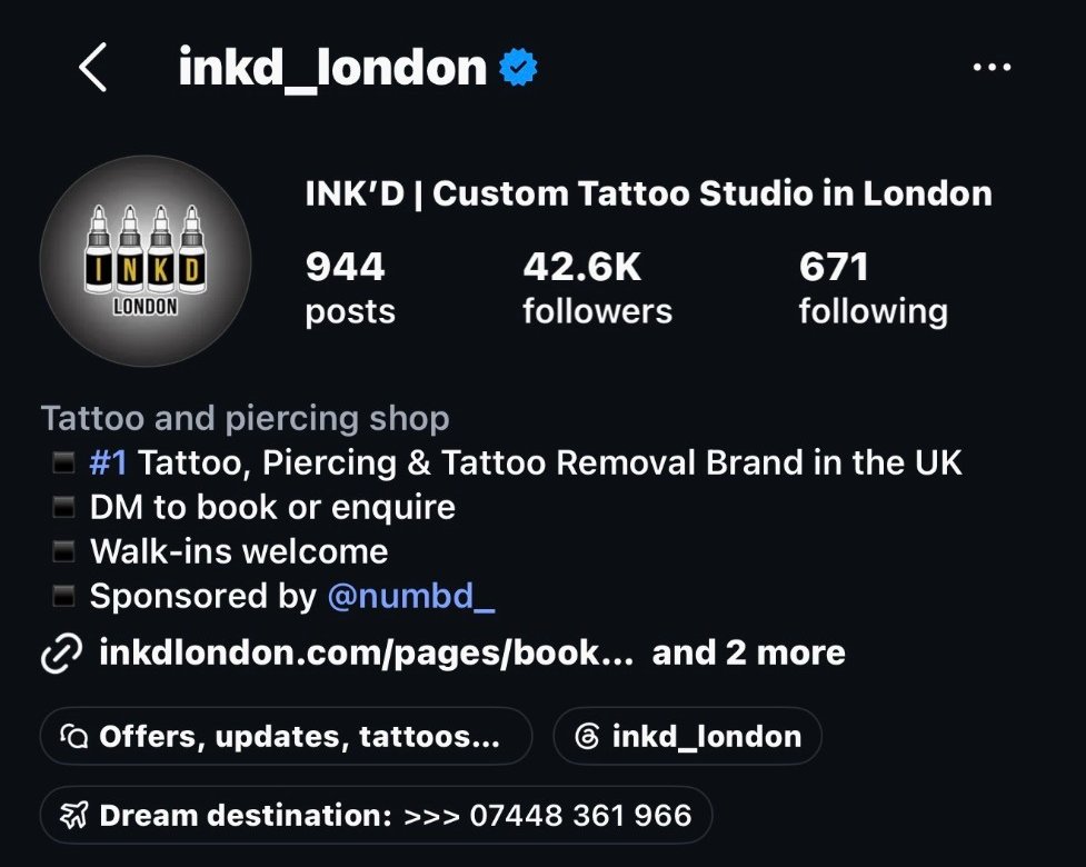 INK'D London's verified Instagram profile showing 42.6K followers